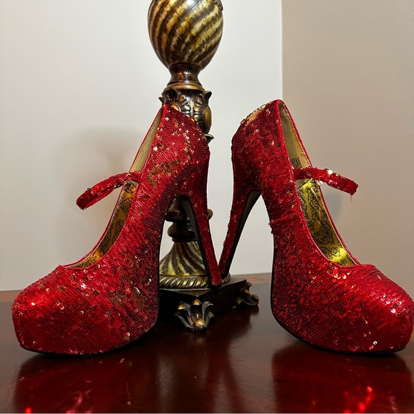 Bordello Shoes - 👠Bordello Teeze Mary Jane Platform Stilettos Red/Gold Sequin Sz 10